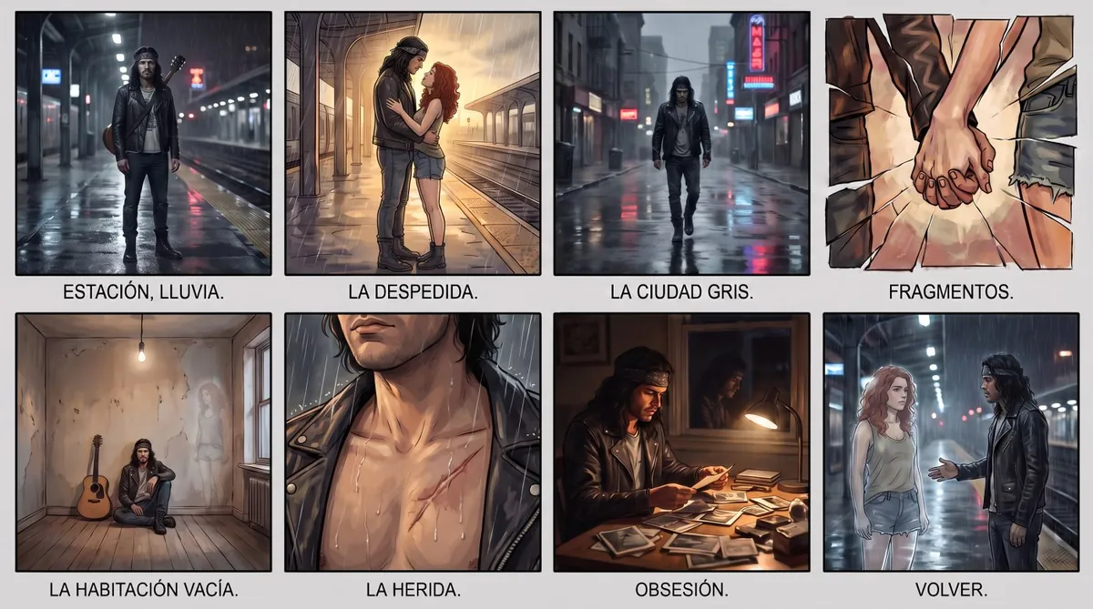Storyboard de referencia en grid 2×4 con las ocho escenas del videoclip, replicadas en estilo fotorrealista y cómic rotoscopiado
